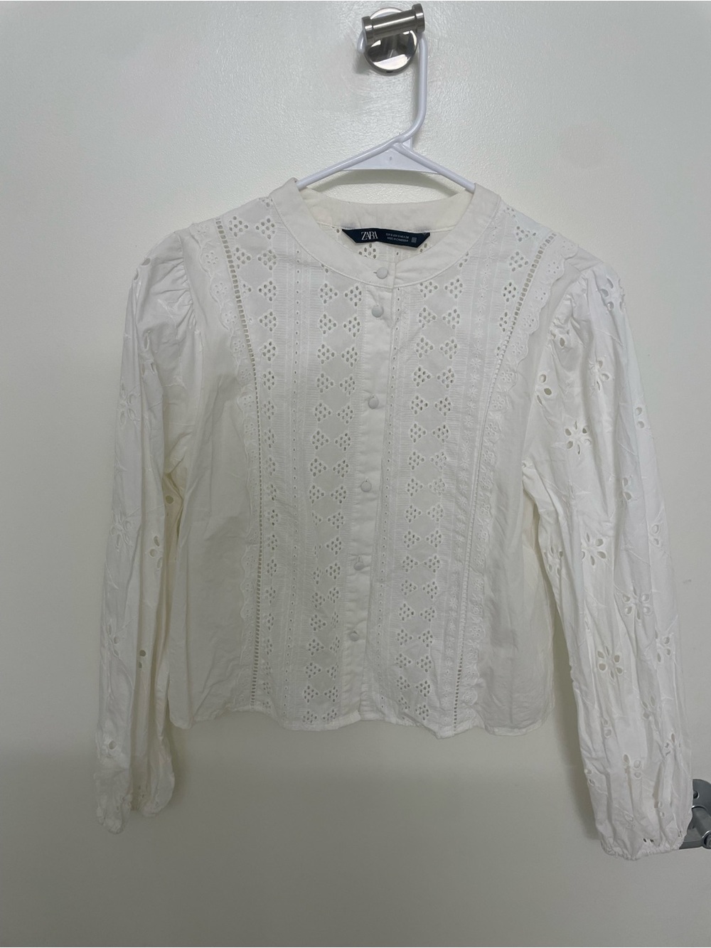 Zara Dainty White Eyelet Button-Front Blouse